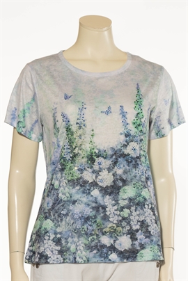 Mudflower T-shirt dame i blå med små sten og blomster 